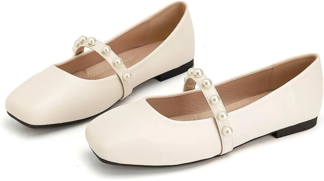 ChaiRong Zhou Women Fashion Mary Jane Flats Square Toe Pu Leather Shoes Pearl Straps Slip on Low Heel Ballet Flats Casual Prom Party Dress Shoes