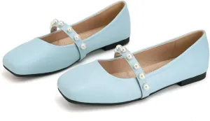 ChaiRong Zhou Women Fashion Mary Jane Flats Square Toe Pu Leather Shoes Pearl Straps Slip on Low Heel Ballet Flats Casual Prom Party Dress Shoes