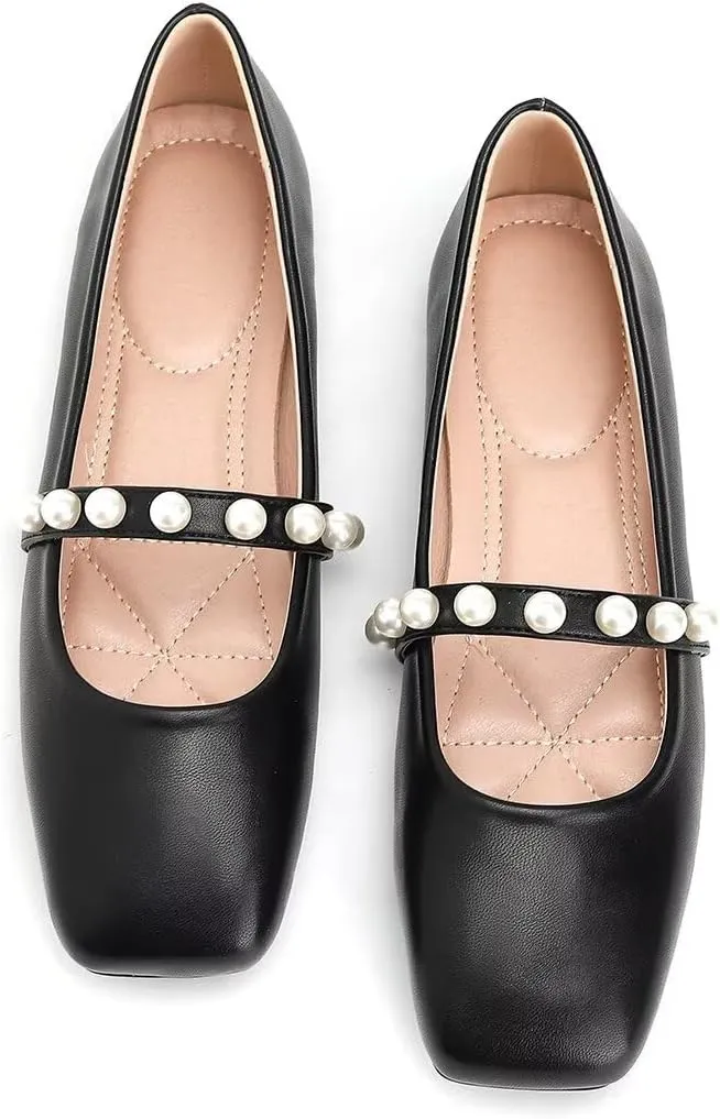 ChaiRong Zhou Women Fashion Mary Jane Flats Square Toe Pu Leather Shoes Pearl Straps Slip on Low Heel Ballet Flats Casual Prom Party Dress Shoes