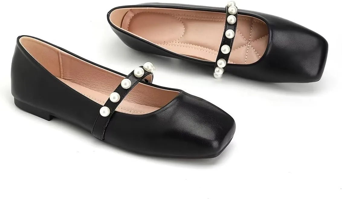 ChaiRong Zhou Women Fashion Mary Jane Flats Square Toe Pu Leather Shoes Pearl Straps Slip on Low Heel Ballet Flats Casual Prom Party Dress Shoes