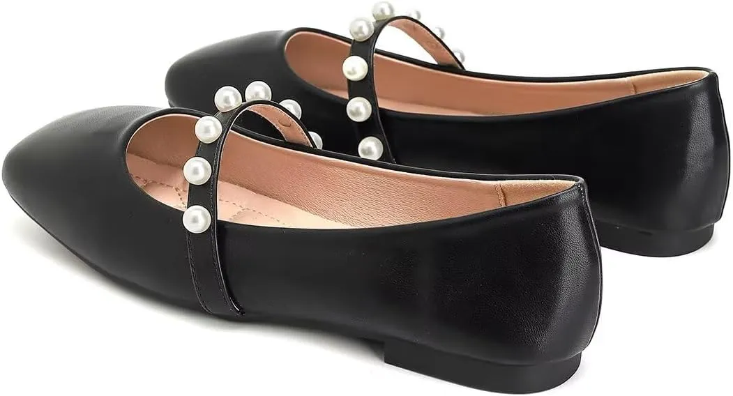 ChaiRong Zhou Women Fashion Mary Jane Flats Square Toe Pu Leather Shoes Pearl Straps Slip on Low Heel Ballet Flats Casual Prom Party Dress Shoes