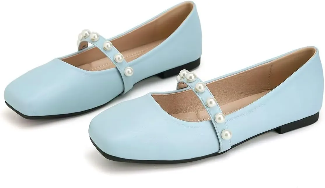 ChaiRong Zhou Women Fashion Mary Jane Flats Square Toe Pu Leather Shoes Pearl Straps Slip on Low Heel Ballet Flats Casual Prom Party Dress Shoes