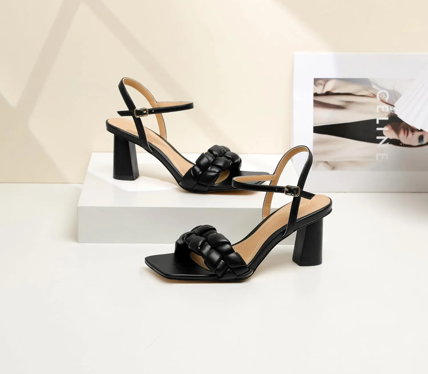 Chunky Heels for Women Low Heels Square Toe Braided Heeled Sandals Open Toe Party Wedding Casual