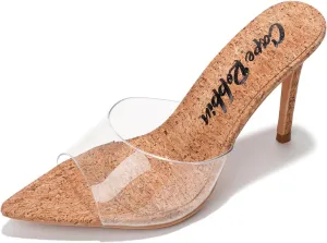 Clear Open Toe Heels for Women- Sleek, Comfy Pointy Heels for Women with Genuine PU Leather Insole & 3.75 inch Stiletto Heel- Classy Mule Cork Heel Sandals for Women (Melrose.A)