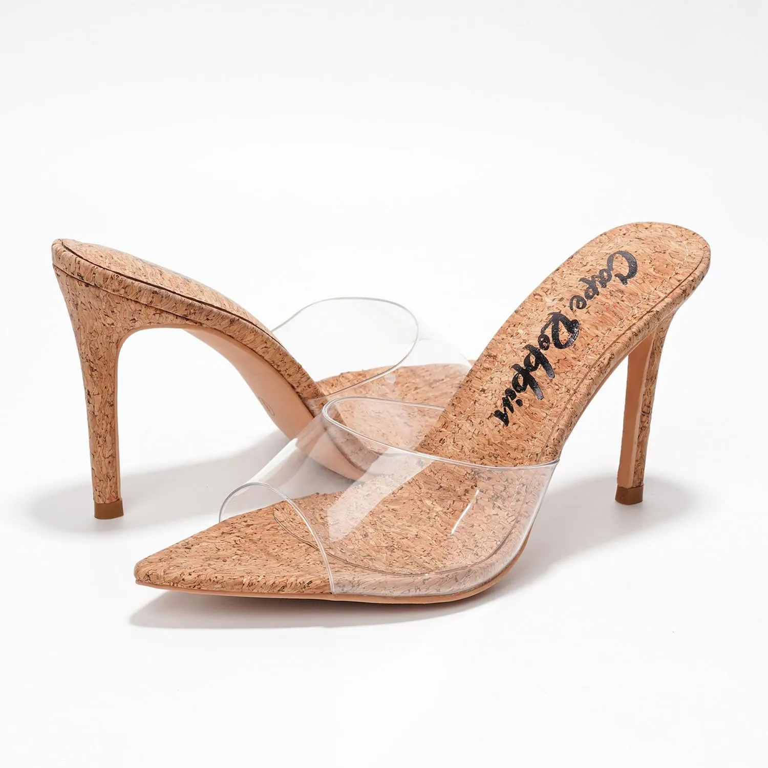 Clear Open Toe Heels for Women- Sleek, Comfy Pointy Heels for Women with Genuine PU Leather Insole & 3.75 inch Stiletto Heel- Classy Mule Cork Heel Sandals for Women (Melrose.A)
