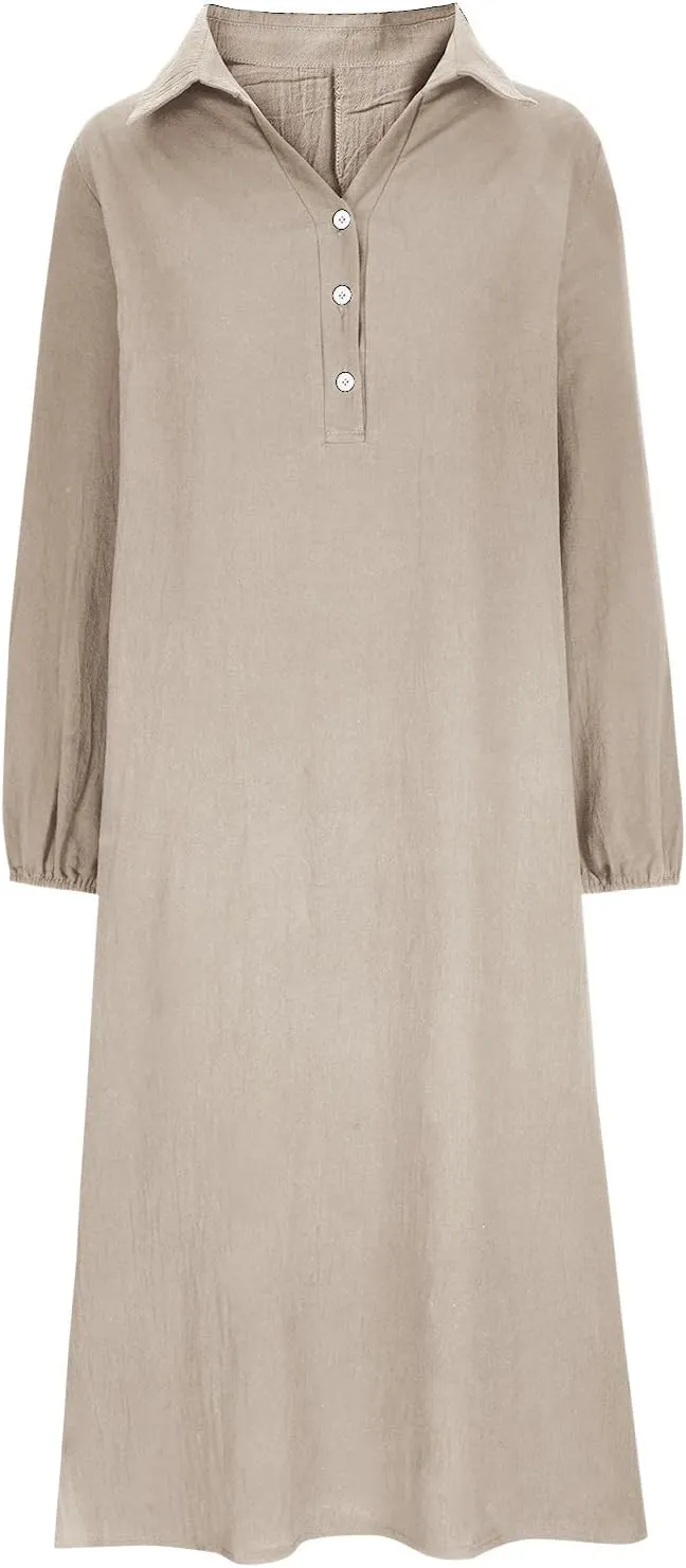 Cotton Linen Dresses for Women Plus Size V-Neck Button Down Tiered Flowy Long Sleeve Dress Comfy Maxi Dress Fall 2024