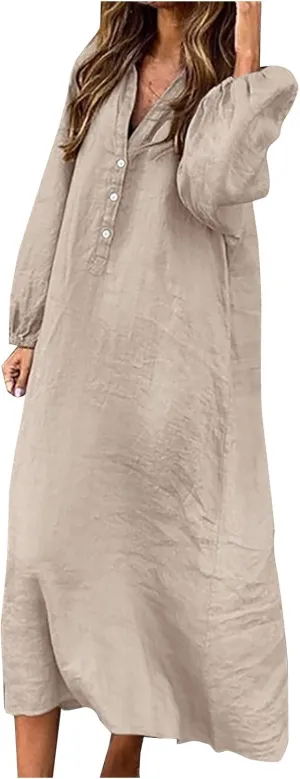 Cotton Linen Dresses for Women Plus Size V-Neck Button Down Tiered Flowy Long Sleeve Dress Comfy Maxi Dress Fall 2024