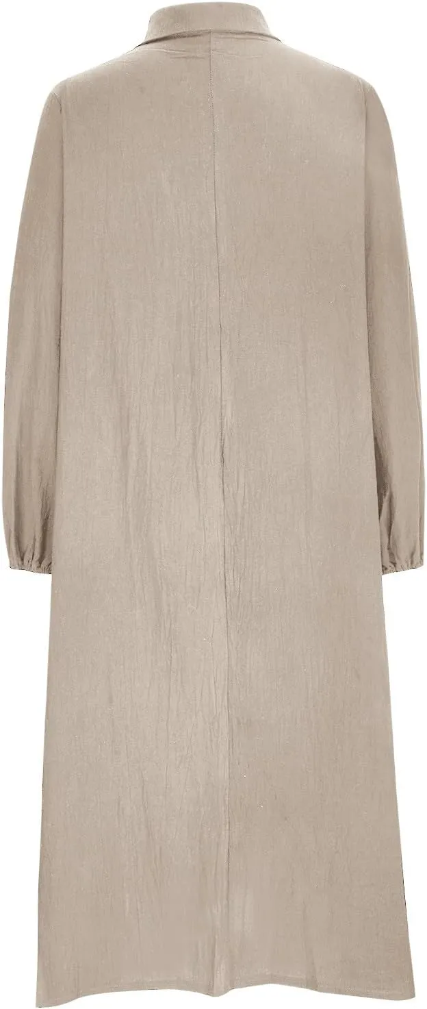 Cotton Linen Dresses for Women Plus Size V-Neck Button Down Tiered Flowy Long Sleeve Dress Comfy Maxi Dress Fall 2024