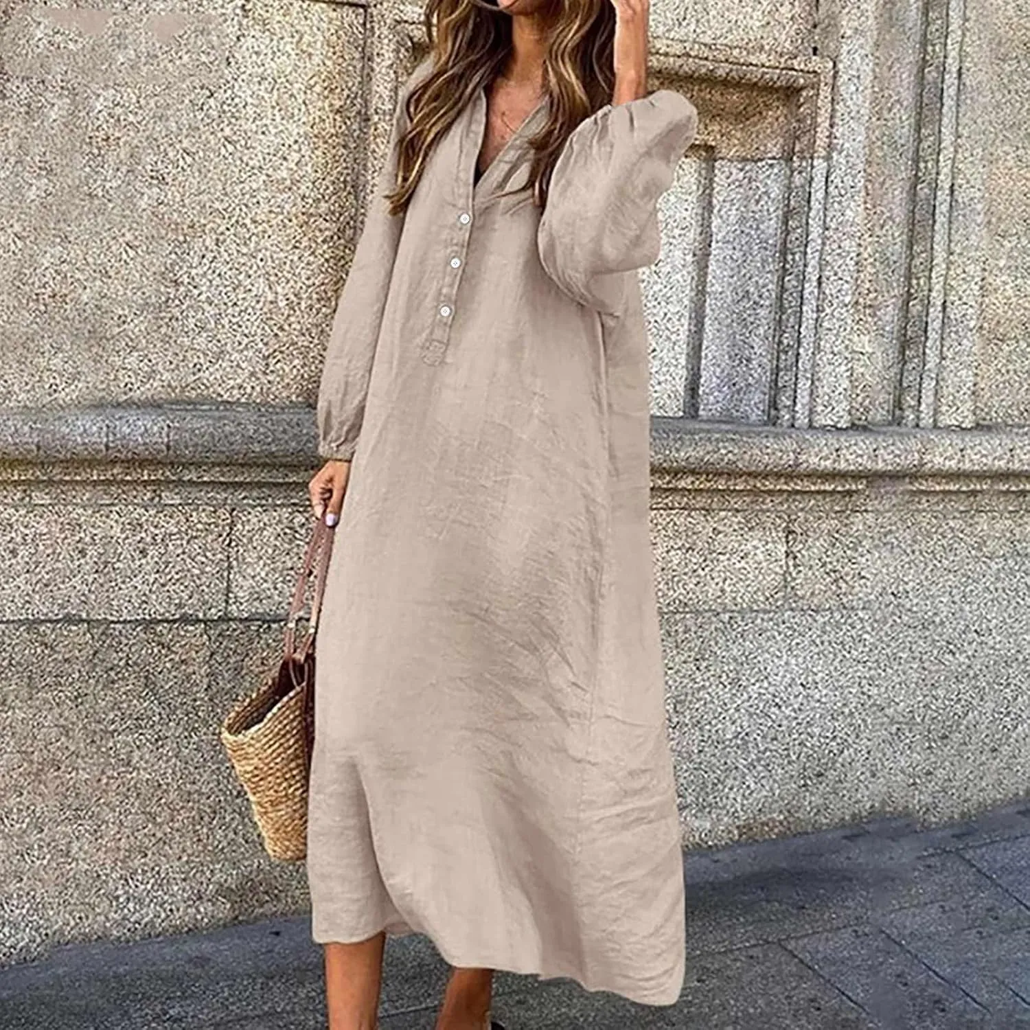 Cotton Linen Dresses for Women Plus Size V-Neck Button Down Tiered Flowy Long Sleeve Dress Comfy Maxi Dress Fall 2024