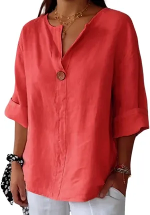 Cotton Linen Shirts for Women Summer Casual Button V Neck Blouse Comfy Loose Women's Fashion 3/4 Sleeve Pullover Tops
