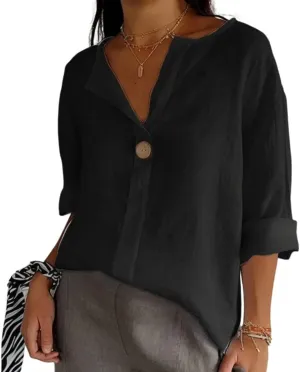 Cotton Linen Shirts for Women Summer Casual Button V Neck Blouse Comfy Loose Women's Fashion 3/4 Sleeve Pullover Tops