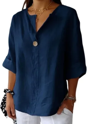 Cotton Linen Shirts for Women Summer Casual Button V Neck Blouse Comfy Loose Women's Fashion 3/4 Sleeve Pullover Tops