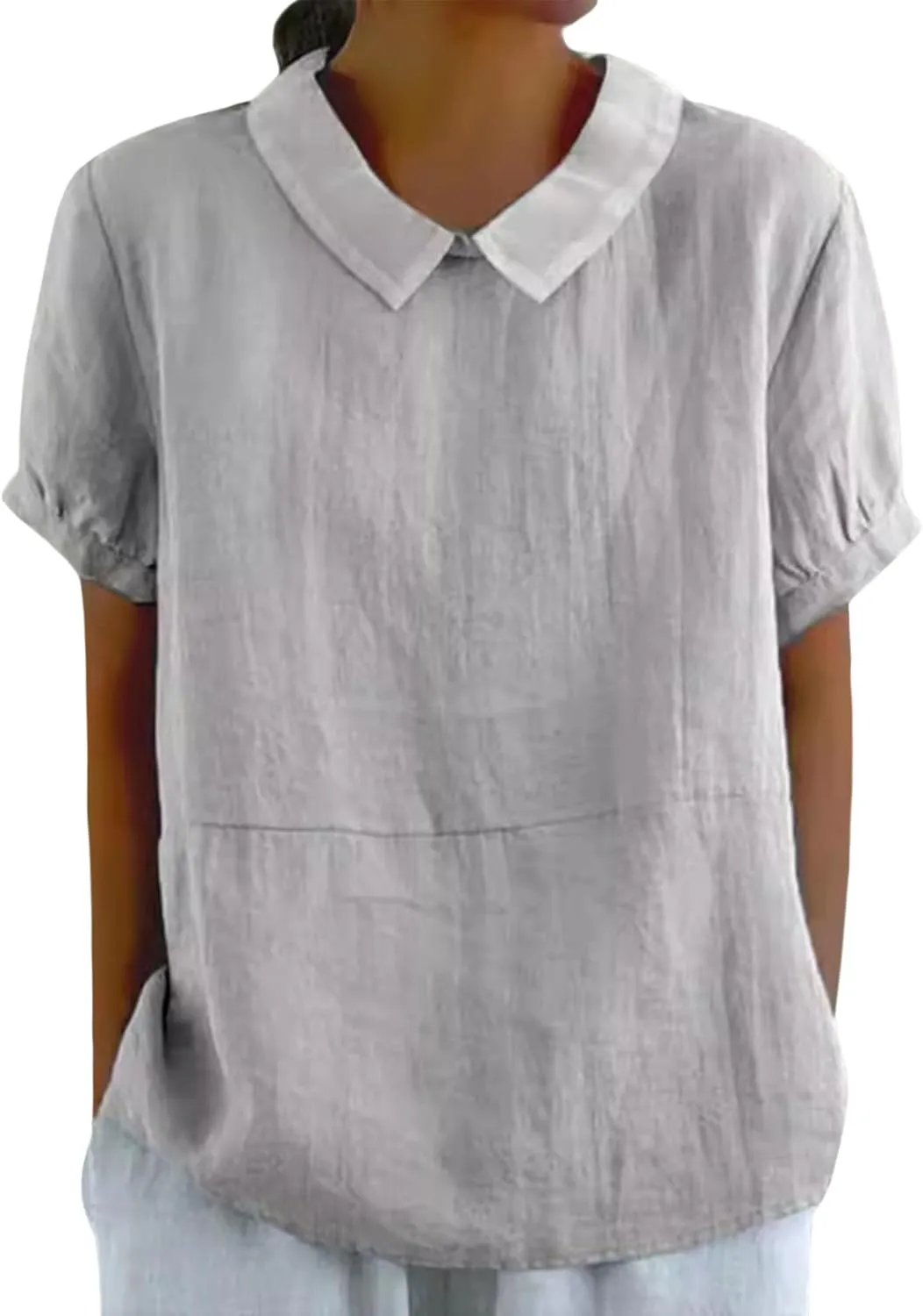 Cotton Linen Shirts for Women Summer Casual Short Sleeve T Shirt Comfy Loose Women's Lapel Pullover Tops