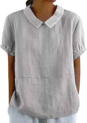 Cotton Linen Shirts for Women Summer Casual Short Sleeve T Shirt Comfy Loose Women's Lapel Pullover Tops