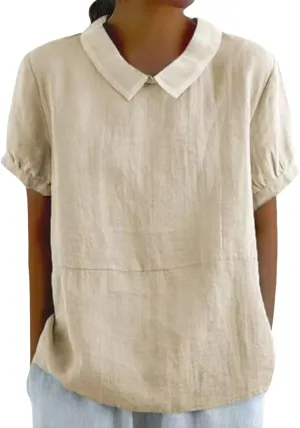 Cotton Linen Shirts for Women Summer Casual Short Sleeve T Shirt Comfy Loose Women's Lapel Pullover Tops