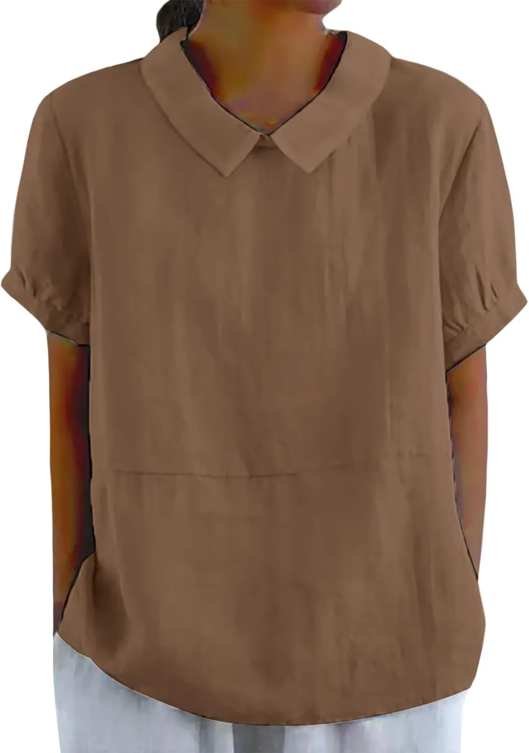 Cotton Linen Shirts for Women Summer Casual Short Sleeve T Shirt Comfy Loose Women's Lapel Pullover Tops