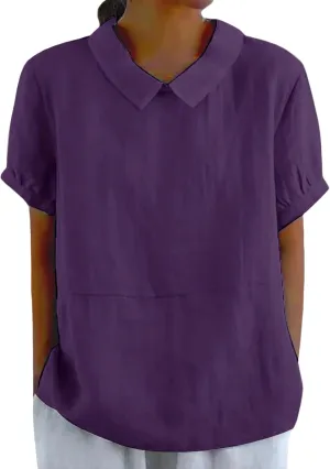 Cotton Linen Shirts for Women Summer Casual Short Sleeve T Shirt Comfy Loose Women's Lapel Pullover Tops