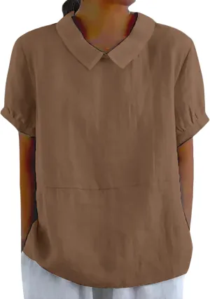 Cotton Linen Shirts for Women Summer Casual Short Sleeve T Shirt Comfy Loose Women's Lapel Pullover Tops
