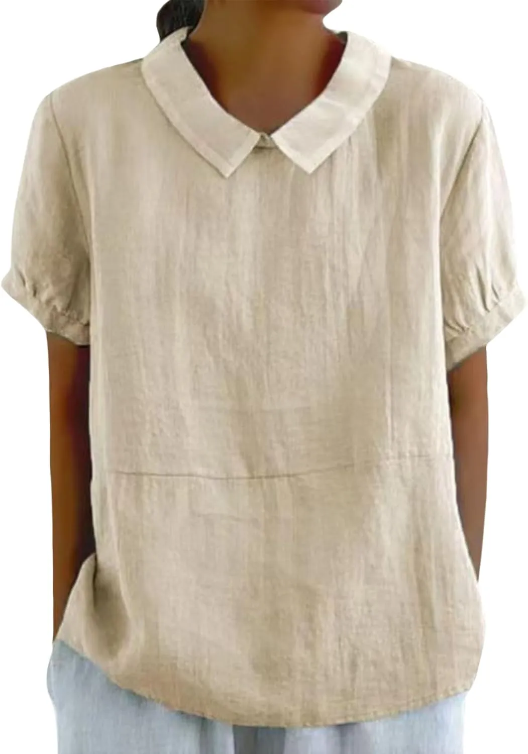 Cotton Linen Shirts for Women Summer Casual Short Sleeve T Shirt Comfy Loose Women's Lapel Pullover Tops