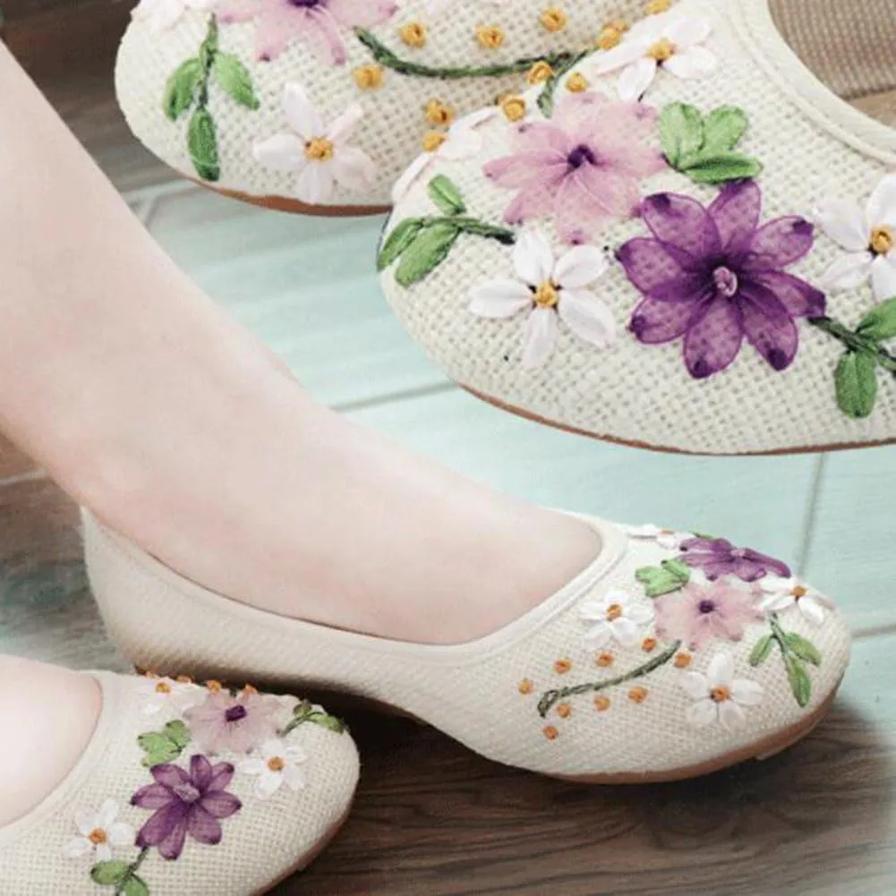 COVOYYAR Women's National Style Embroidered Flower Ballet Flats Slip On Shoes