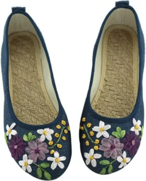 COVOYYAR Women's National Style Embroidered Flower Ballet Flats Slip On Shoes