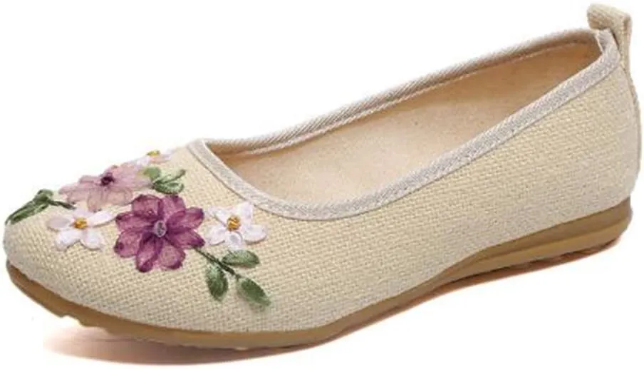 COVOYYAR Women's National Style Embroidered Flower Ballet Flats Slip On Shoes