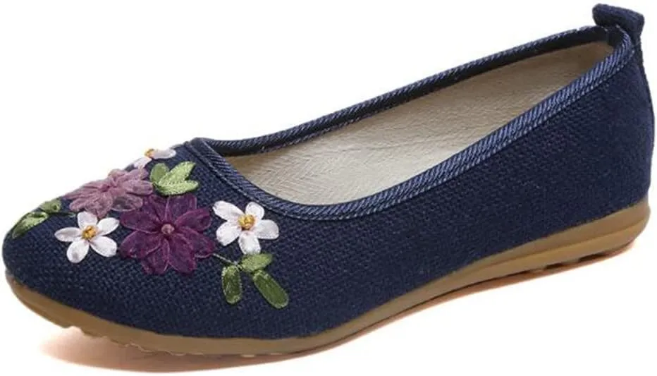 COVOYYAR Women's National Style Embroidered Flower Ballet Flats Slip On Shoes