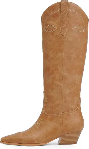 Cowgirl Boots for Women Square Toe Western Cowboy Boots Knee High Chunky Heel Pull On Tall Boots