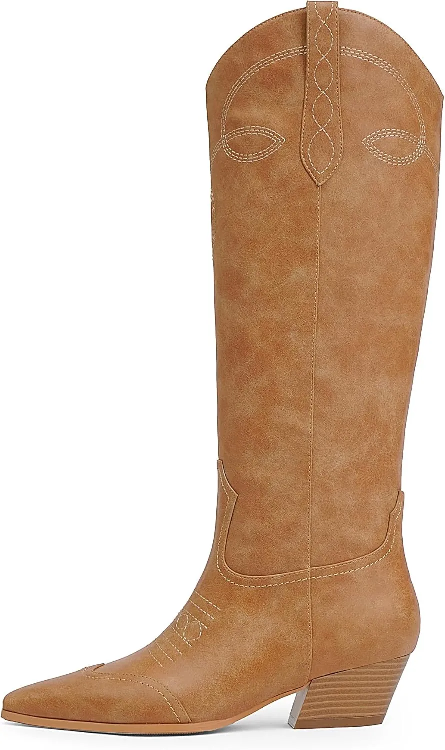 Cowgirl Boots for Women Square Toe Western Cowboy Boots Knee High Chunky Heel Pull On Tall Boots