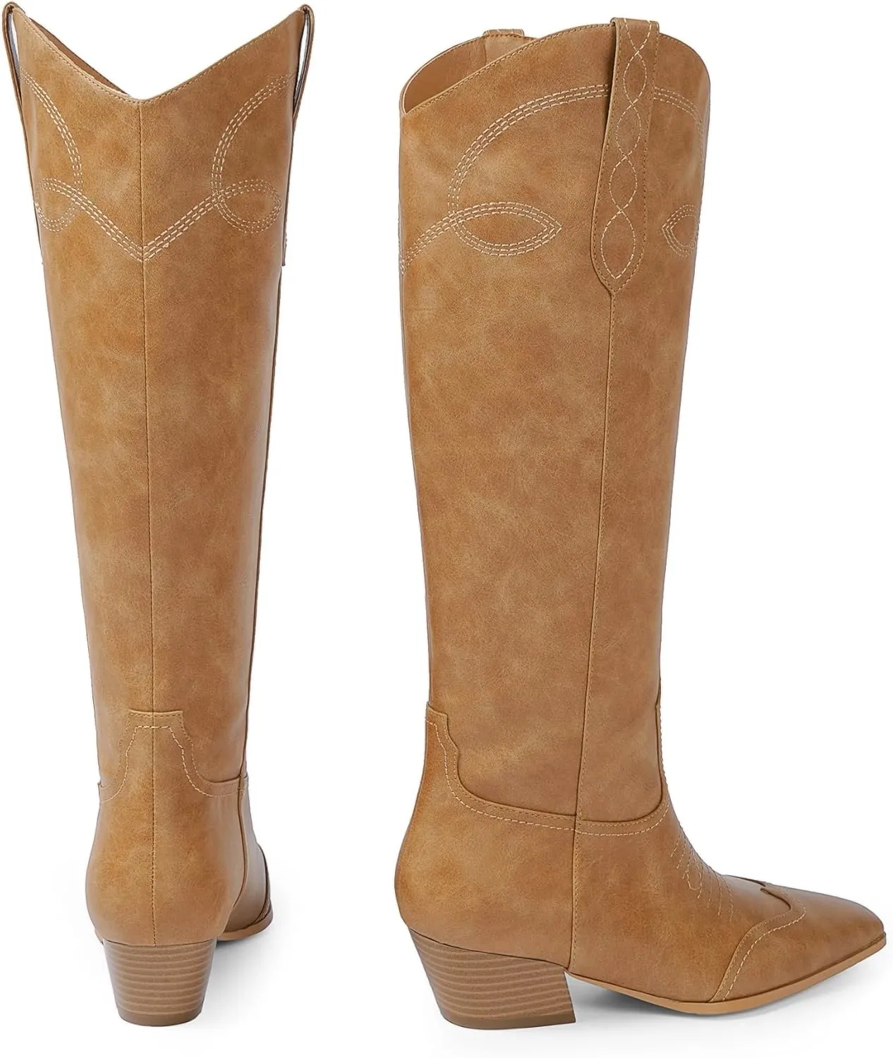Cowgirl Boots for Women Square Toe Western Cowboy Boots Knee High Chunky Heel Pull On Tall Boots