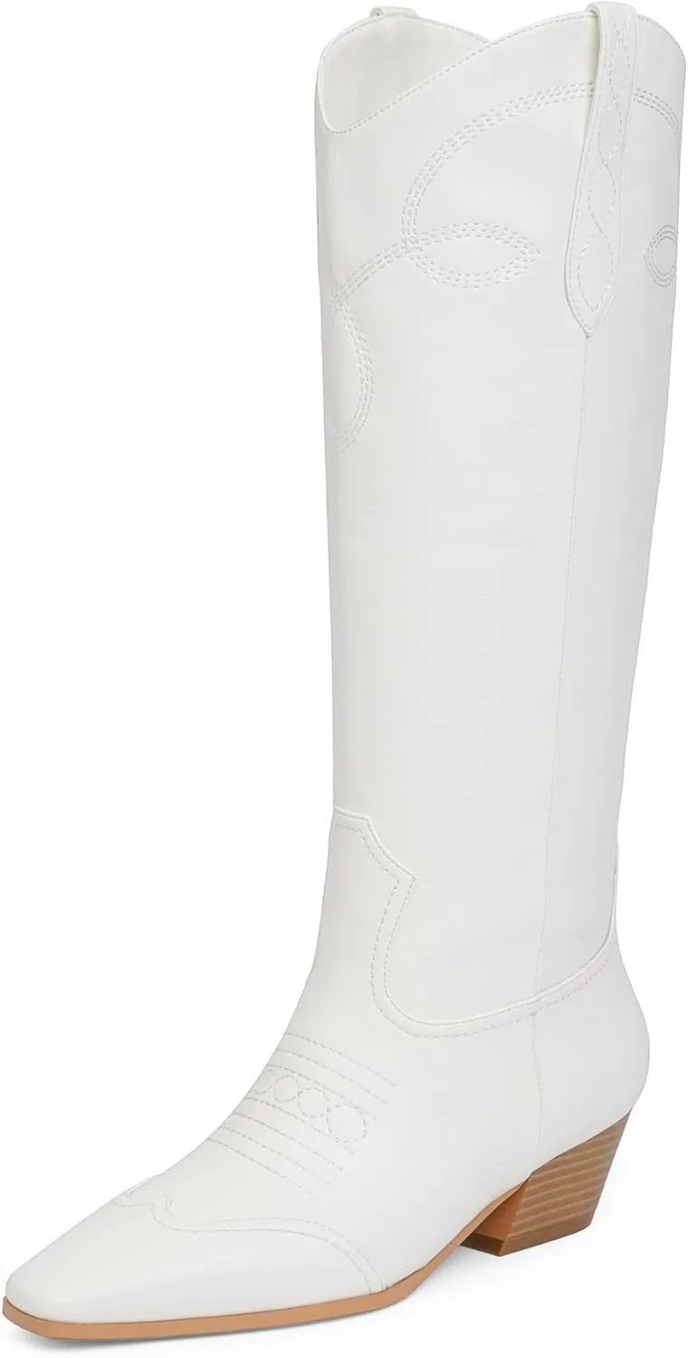 Cowgirl Boots for Women Square Toe Western Cowboy Boots Knee High Chunky Heel Pull On Tall Boots