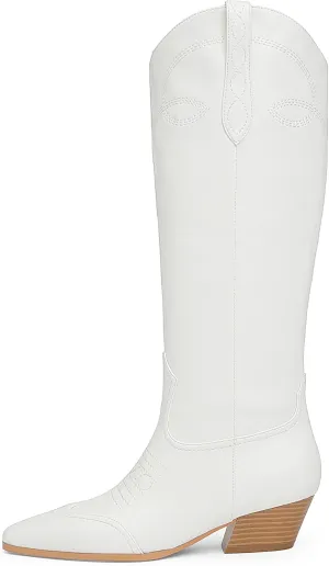 Cowgirl Boots for Women Square Toe Western Cowboy Boots Knee High Chunky Heel Pull On Tall Boots