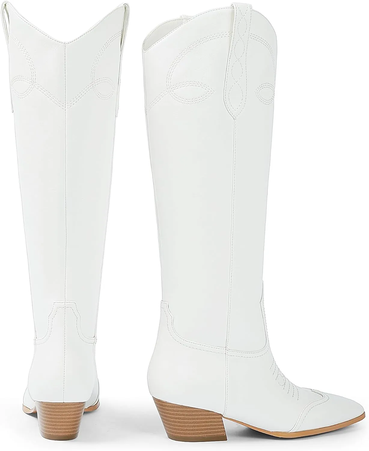 Cowgirl Boots for Women Square Toe Western Cowboy Boots Knee High Chunky Heel Pull On Tall Boots
