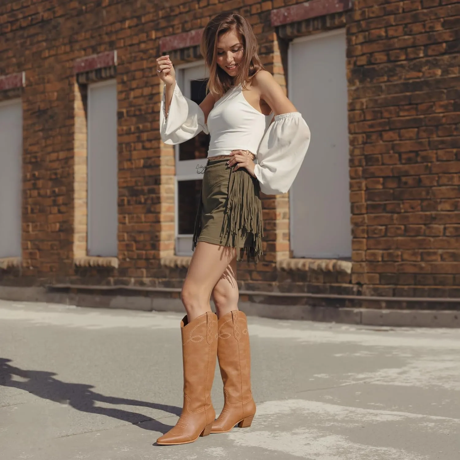 Cowgirl Boots for Women Square Toe Western Cowboy Boots Knee High Chunky Heel Pull On Tall Boots