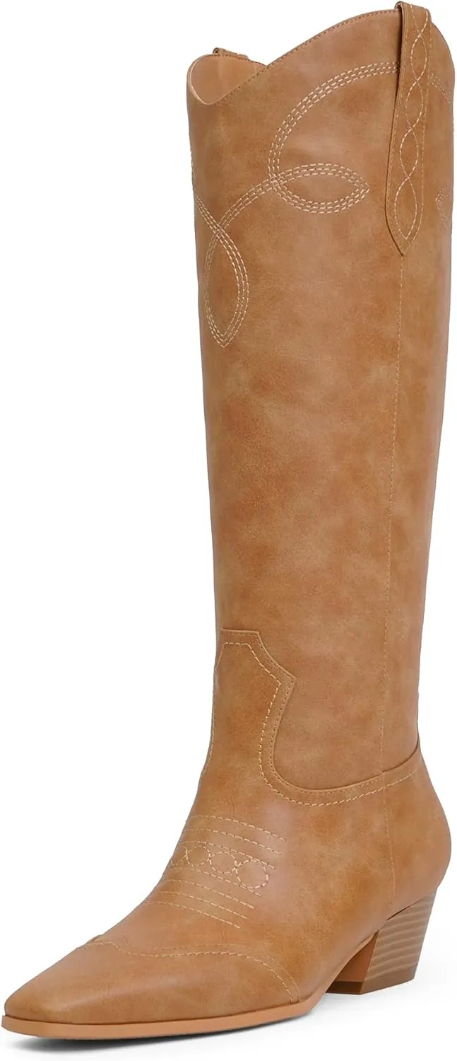Cowgirl Boots for Women Square Toe Western Cowboy Boots Knee High Chunky Heel Pull On Tall Boots