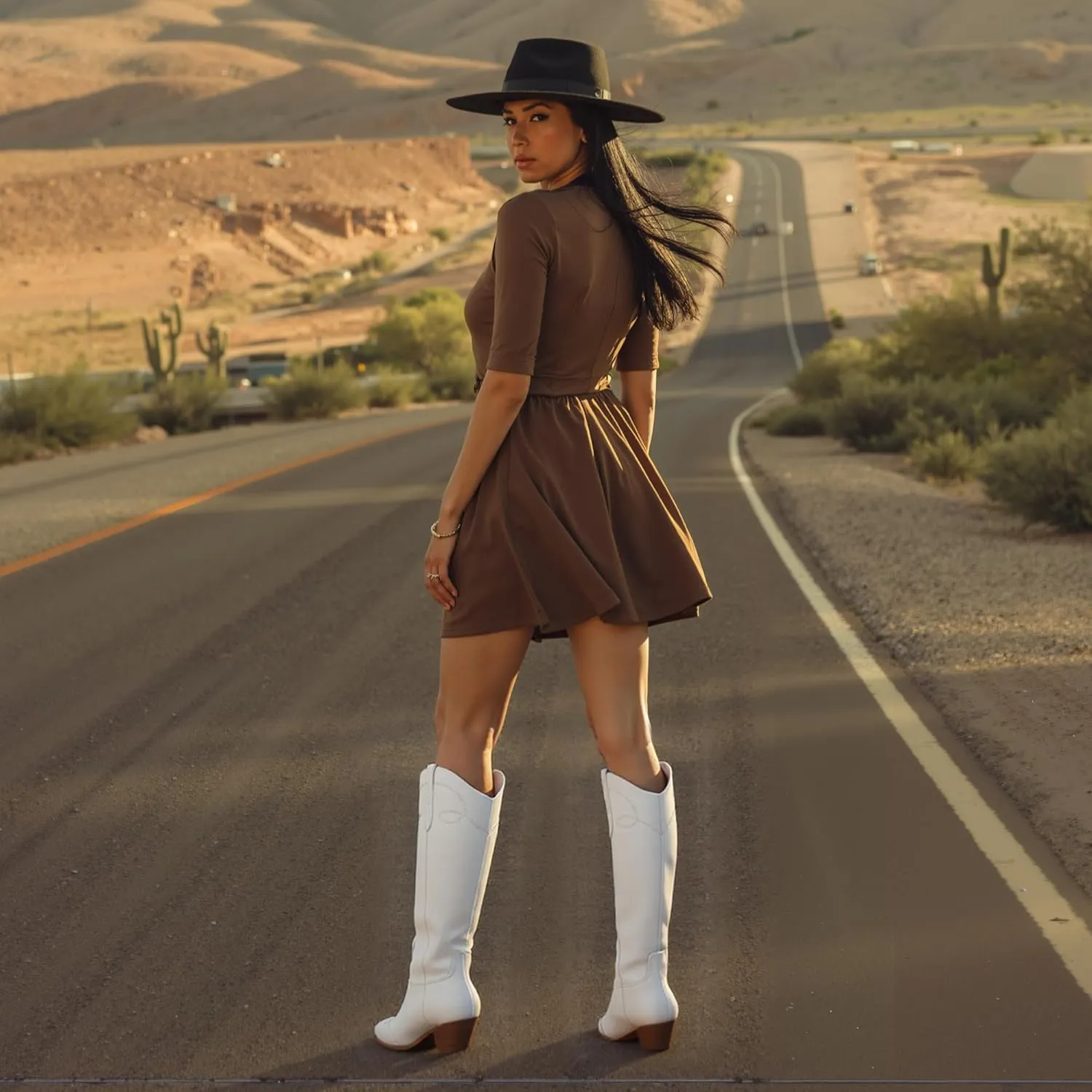 Cowgirl Boots for Women Square Toe Western Cowboy Boots Knee High Chunky Heel Pull On Tall Boots