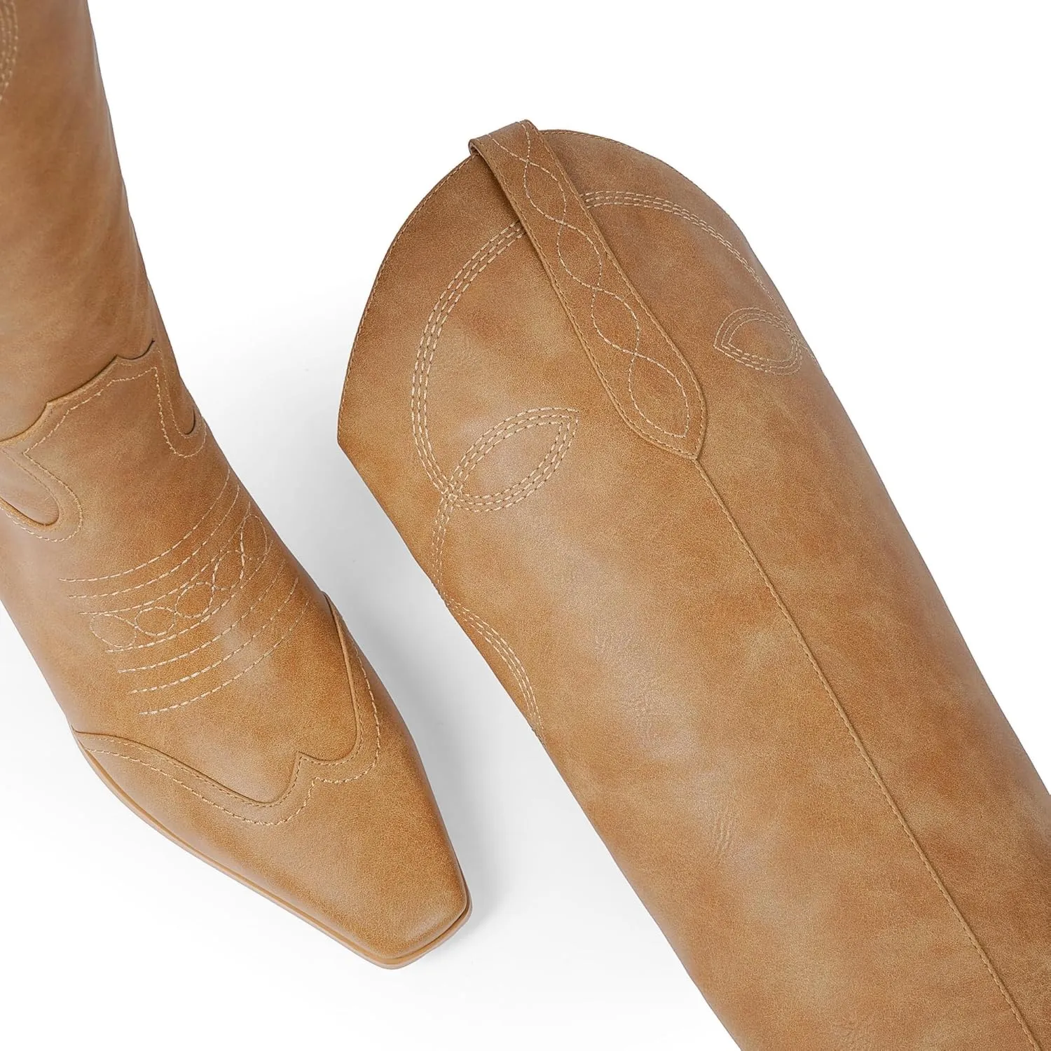 Cowgirl Boots for Women Square Toe Western Cowboy Boots Knee High Chunky Heel Pull On Tall Boots