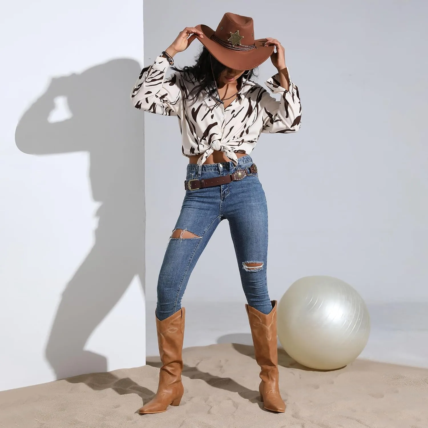 Cowgirl Boots for Women Square Toe Western Cowboy Boots Knee High Chunky Heel Pull On Tall Boots