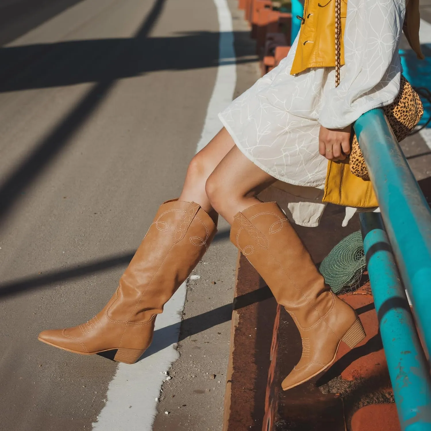 Cowgirl Boots for Women Square Toe Western Cowboy Boots Knee High Chunky Heel Pull On Tall Boots