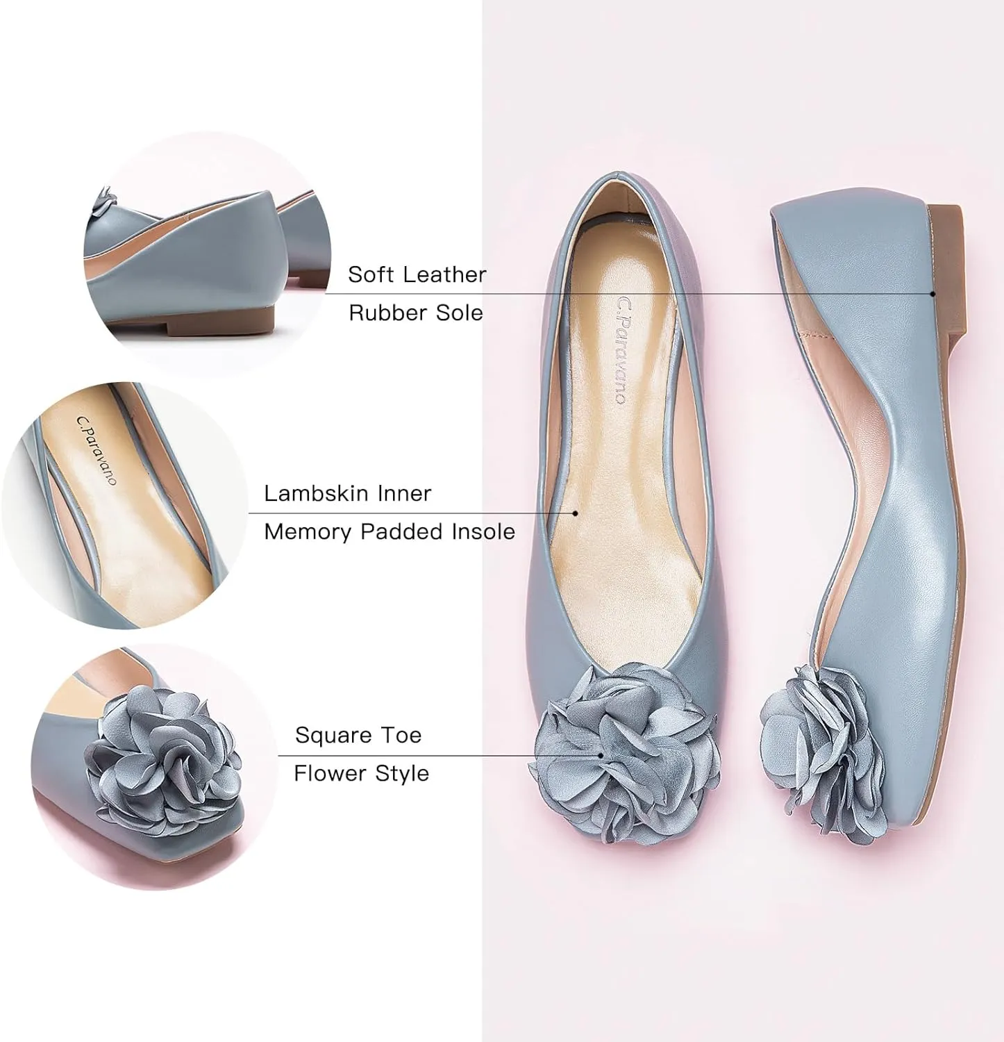 C.Paravano Ballet Flats for Women | Womens Flats Shoes | Square Toe Flats| Women's Flats | Slip On Dress Shoes | Flower Shoes