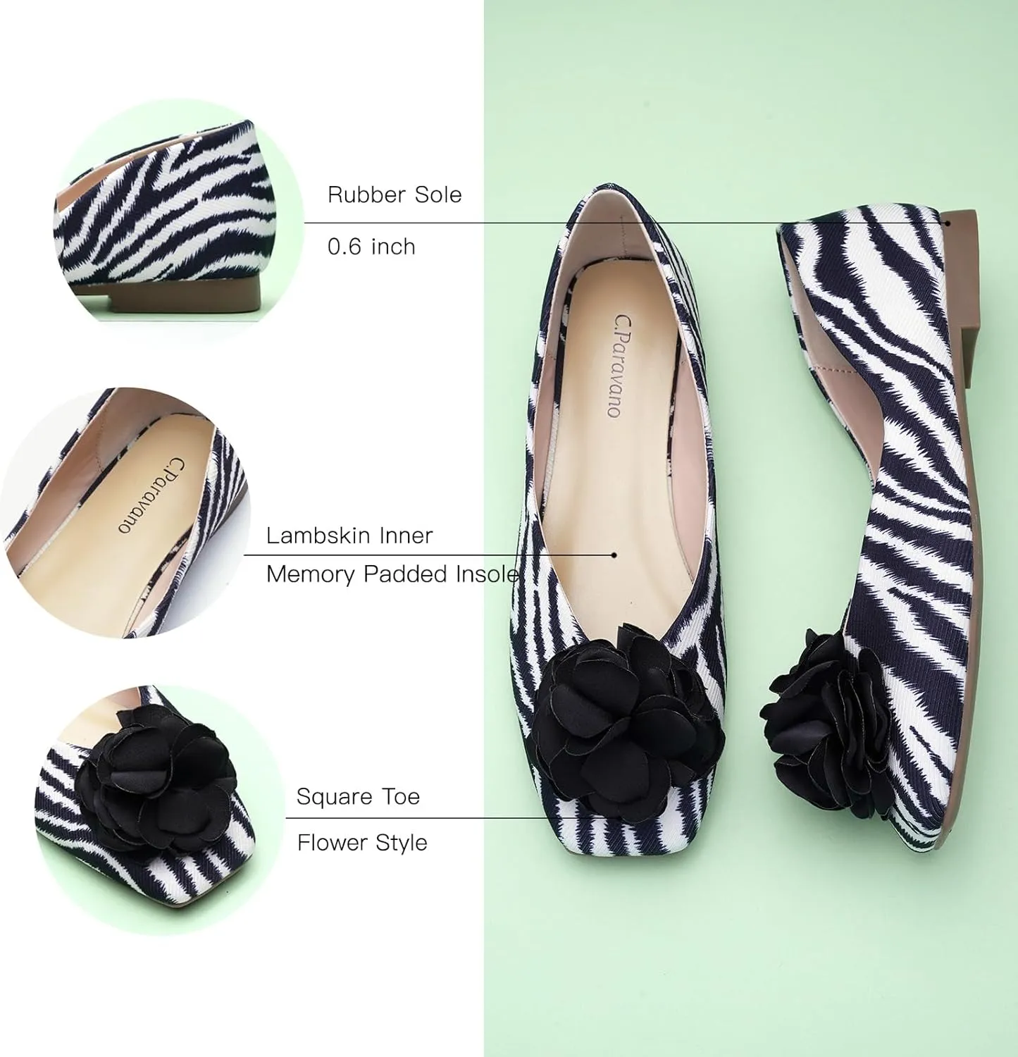 C.Paravano Ballet Flats for Women | Womens Flats Shoes | Square Toe Flats| Women's Flats | Slip On Dress Shoes | Flower Shoes