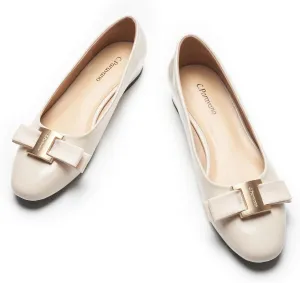 C.Paravano Women's Ballet Flats | Round Toe Bow Accent Shoes with Metallic Buckle | Soft Leather Slip-Ons for Work Commute, Office & Date Nights，Evening Events, Business Travel & Dating