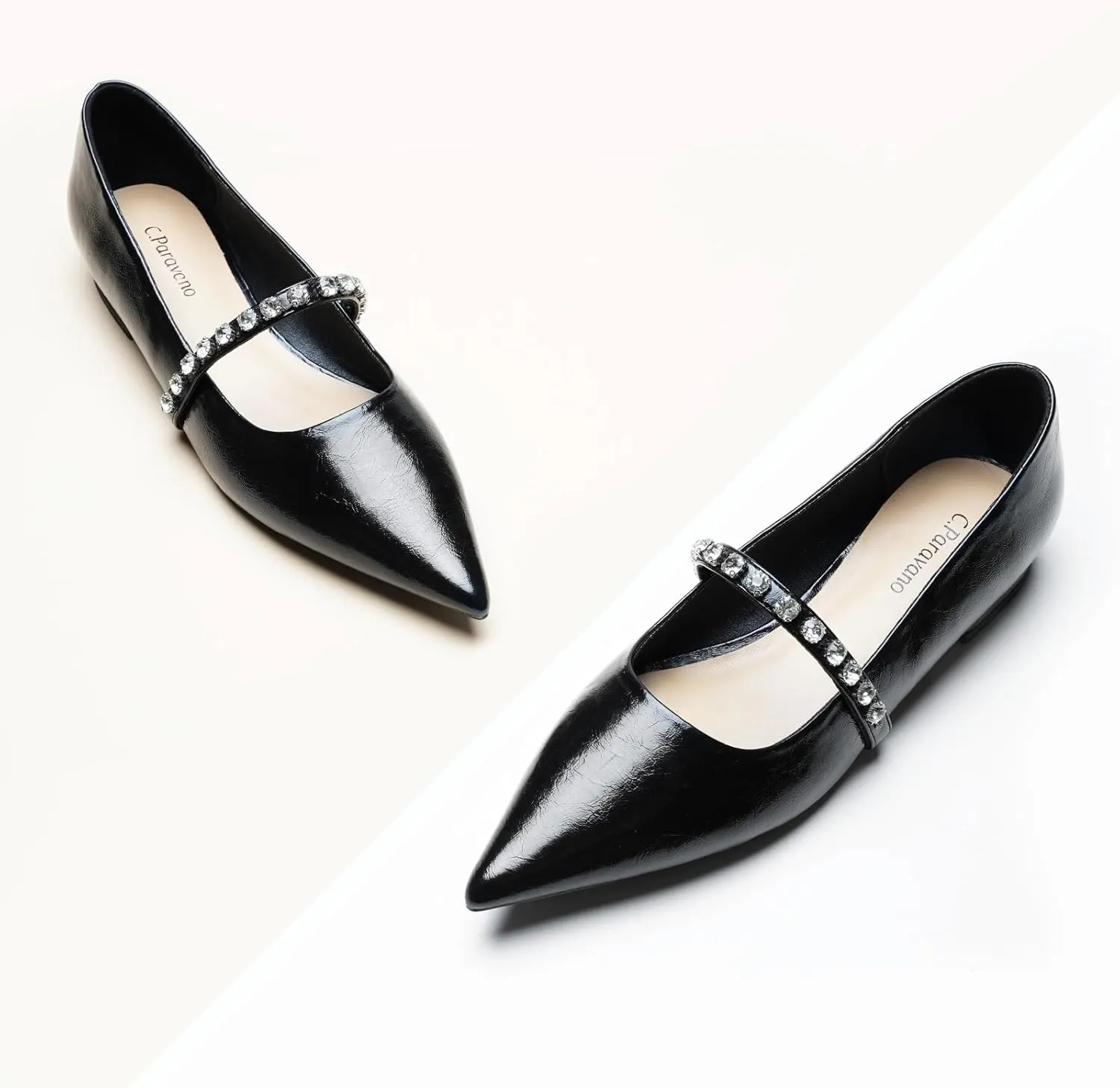 C.Paravano Women’s Flats Pointed Toe Crystal Strap Comfortable Slip On Shoes for Wedding Guest, Office, Cocktail Party, Date Night, Business Casual
