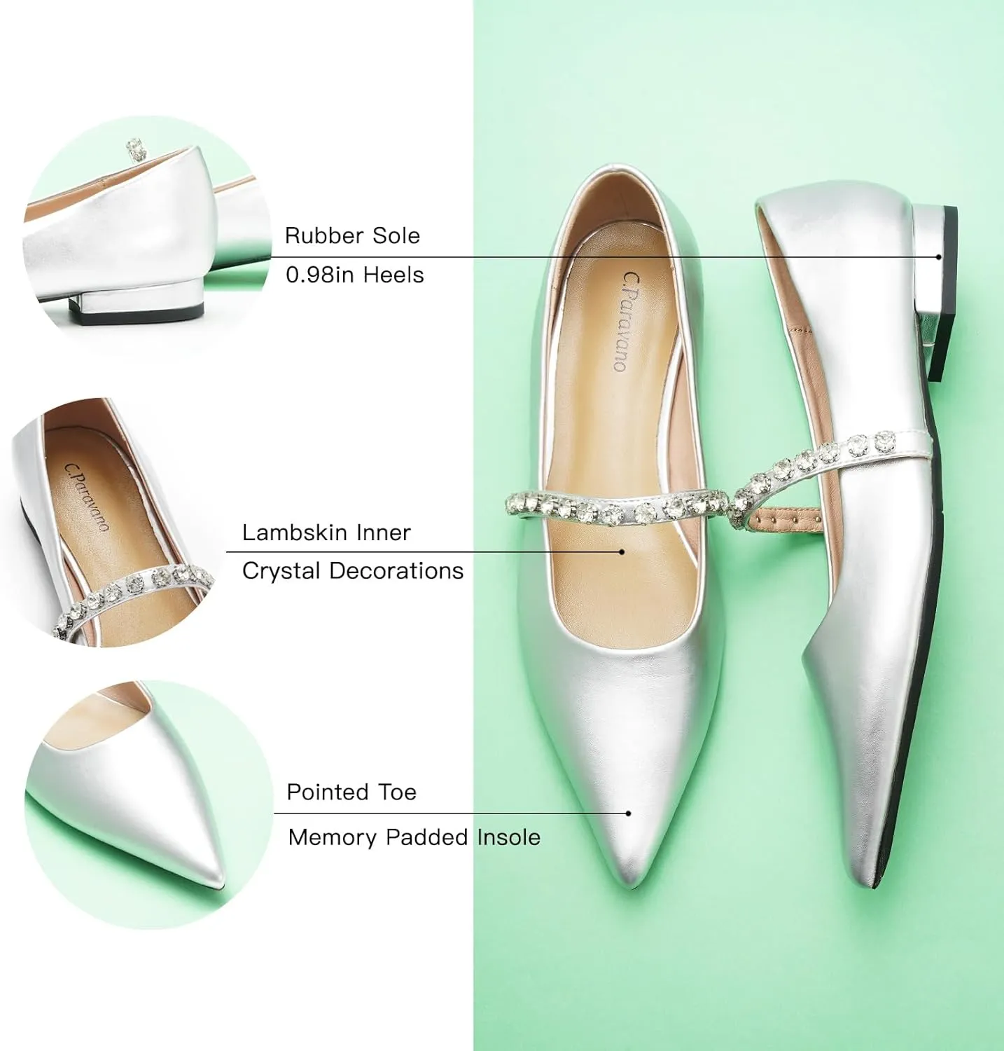 C.Paravano Women’s Flats Pointed Toe Crystal Strap Comfortable Slip On Shoes for Wedding Guest, Office, Cocktail Party, Date Night, Business Casual