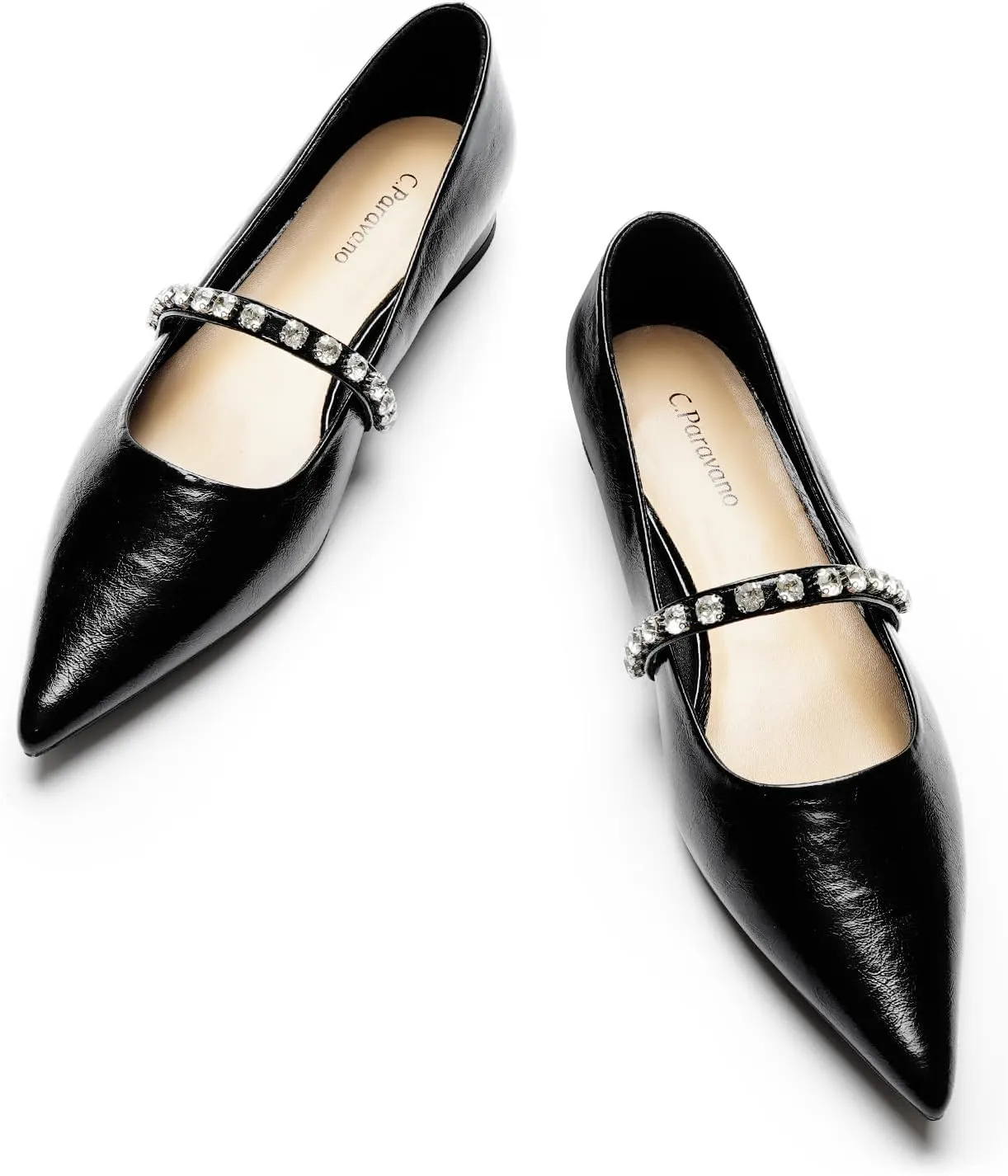 C.Paravano Women’s Flats Pointed Toe Crystal Strap Comfortable Slip On Shoes for Wedding Guest, Office, Cocktail Party, Date Night, Business Casual