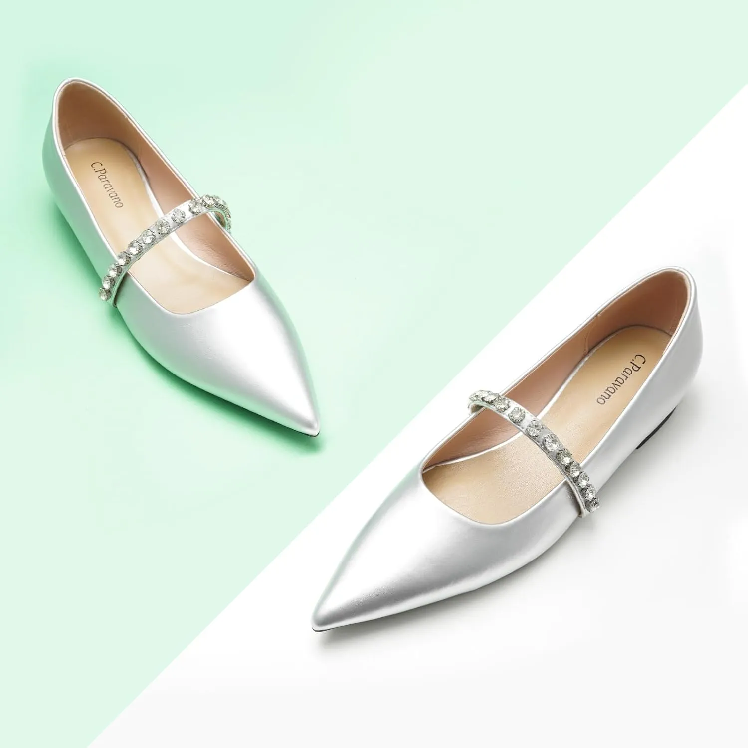 C.Paravano Women’s Flats Pointed Toe Crystal Strap Comfortable Slip On Shoes for Wedding Guest, Office, Cocktail Party, Date Night, Business Casual