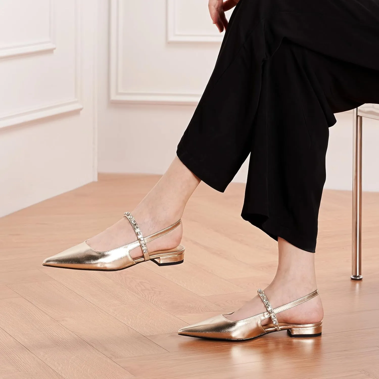 C.Paravano Women's Slingback Flats Crystal Strap Pointed Toe Sandals Comfortable Leather Dress Shoes for Wedding, Party, Work & Everyday Casual(Size 12,Silver)