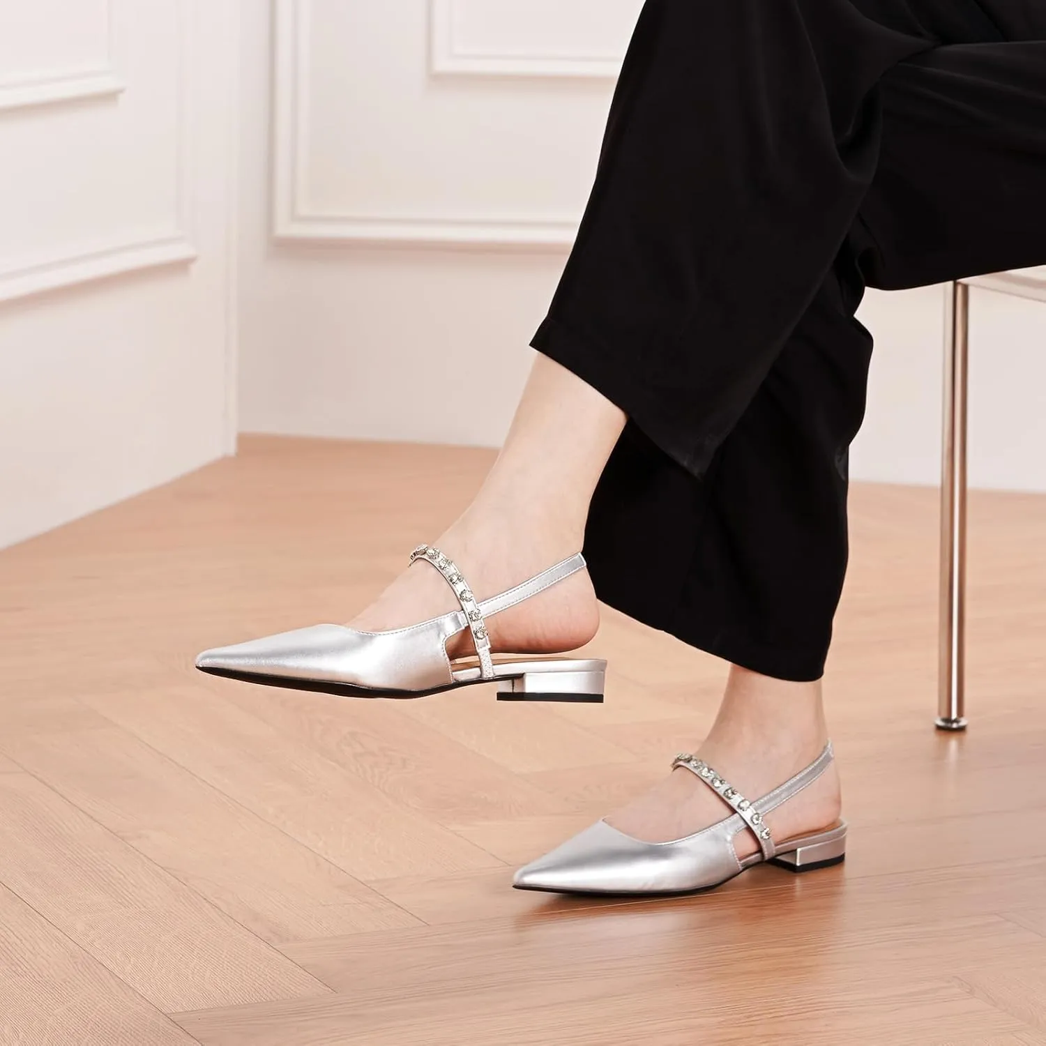 C.Paravano Women's Slingback Flats Crystal Strap Pointed Toe Sandals Comfortable Leather Dress Shoes for Wedding, Party, Work & Everyday Casual(Size 12,Silver)