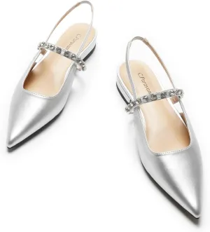 C.Paravano Women's Slingback Flats Crystal Strap Pointed Toe Sandals Comfortable Leather Dress Shoes for Wedding, Party, Work & Everyday Casual(Size 12,Silver)