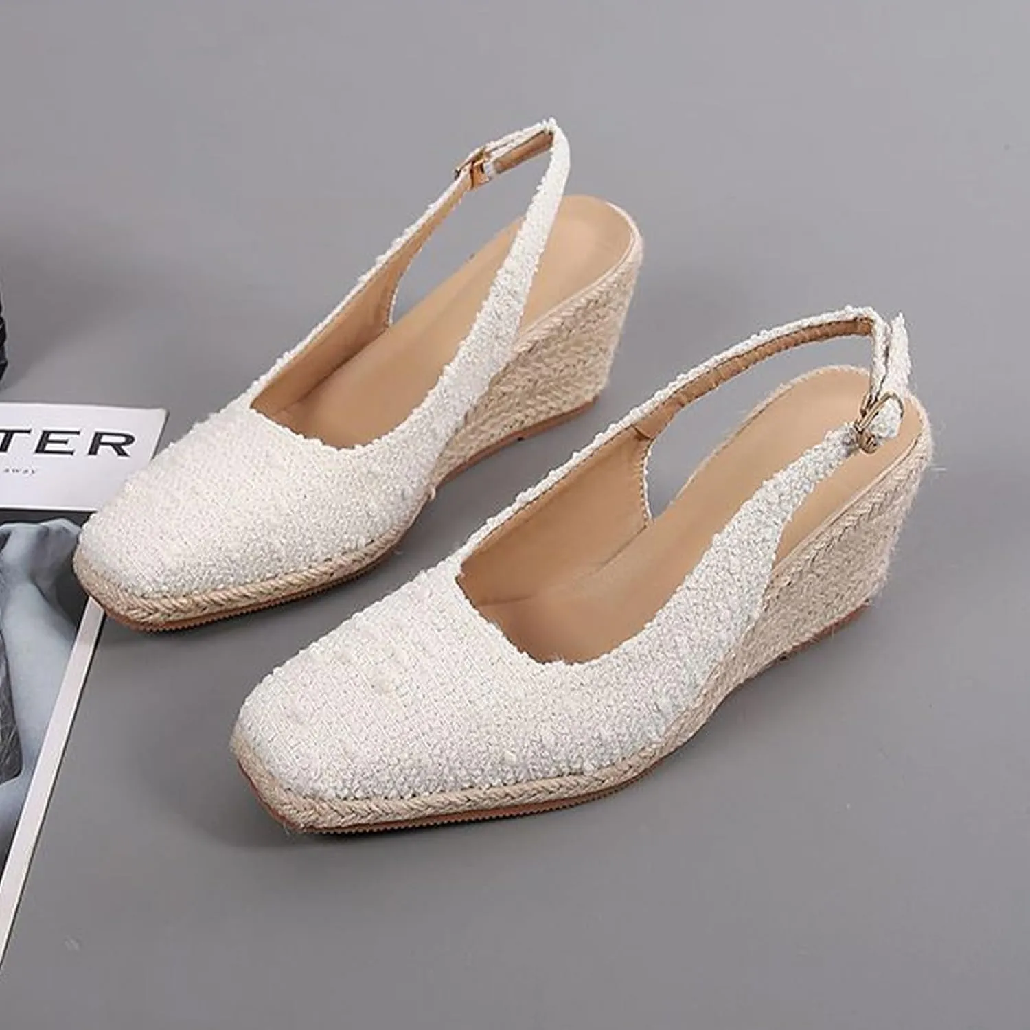 Crepuscute Women's Flax Closed-Toe Espadrille Wedge Sandals with Adjustable Ankle Strap Summer Outdoor Party Comfortable Causal Shoes